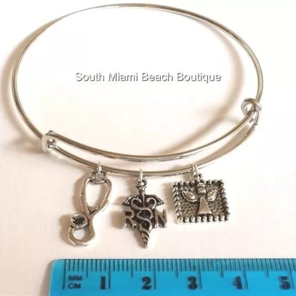 Nursing Caduceus Wire Charm Bracelet Stethoscope RN Graduation Gift Silver Tone - Picture 5 of 5